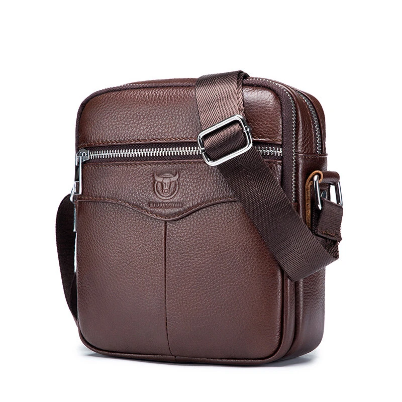 (image for) BULLCAPTAI Genuine Leather Men's Shoulder Bag Cowhide Messenger Bags Fashion Male Causal Small Double Zipper Crossbody Bag Short-distance Compact Mini Travel Bag